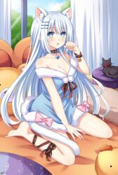 Rule 34 | 1girl, :o, animal ear fluff, animal ears, ankle ribbon, bare legs, bare shoulders, between legs, black collar, black ribbon, blue dress, blue eyes, blue gemstone, blush, bow, breasts, cat, cat ears, cat girl, cat tail, cleavage, collar, date a live, day, dress, full body, fur-trimmed dress, fur trim, gem, hair between eyes, hair ornament, hairclip, hand between legs, highres, indoors, leg ribbon, legs apart, lewdkuma, long hair, looking at viewer, medium breasts, no humans, off-shoulder dress, off shoulder, official alternate costume, on bed, paw pose, pink bow, red collar, ribbon, sitting, solo, stuffed toy, tail, tobiichi origami, very long hair, wariza, white hair, wrist ribbon