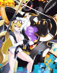 Rule 34 | 1girl, absurdres, alphamon, artist name, black panties, black scarf, blonde hair, breasts, cleavage, clenched hand, coffee cup, collarbone, cup, digimon, digimon story: cyber sleuth, disposable cup, eyewear on head, forehead jewel, glint, halberd, highres, holding, holding polearm, holding weapon, knight, kuremi kyouko, long hair, mecha, medium breasts, open clothes, open shirt, panties, poison, polearm, red eyes, robot, scarf, skull, sunglasses, supermondobeat, unbuttoned, unbuttoned shirt, underwear, weapon