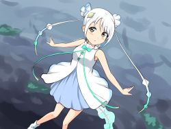 Rule 34 | 1girl, absurdres, aqua hair, bare arms, bare legs, bare shoulders, commentary, dress, gradient hair, grey eyes, hair ornament, hairclip, highres, kemono friends, light blush, looking at viewer, multicolored hair, outstretched arms, shiraha maru, skyfish (kemono friends), sleeveless, sleeveless dress, solo, spread arms, twintails, twitter username, white dress, white footwear, white hair