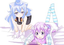 Rule 34 | 1boy, 1girl, bad id, bad twitter id, controller, crossover, d-pad, game console, game controller, gamepad, hacka doll, hacka doll 3, hair ornament, handheld game console, lying, neptune (neptunia), neptune (series), niwaka potato, on bed, on stomach, playing games, purple eyes, purple hair, striped legwear, trap