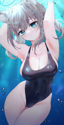 Rule 34 | animal ear fluff, animal ears, black one-piece swimsuit, blue archive, blue eyes, breasts, competition swimsuit, covered navel, cowboy shot, cross hair ornament, extra ears, grey hair, hair ornament, halo, highres, large breasts, looking at viewer, lost-phews, low ponytail, medium hair, mismatched pupils, multicolored clothes, multicolored swimsuit, official alternate costume, one-piece swimsuit, shiroko (blue archive), shiroko (swimsuit) (blue archive), swimsuit, underwater, wolf ears