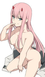 Rule 34 | &gt;:), 10s, 1girl, aqua eyes, barefoot, breasts, cleavage, closed mouth, clothes on floor, unworn clothes, collarbone, commentary request, darling in the franxx, eyeshadow, feet, female focus, finger to mouth, hair between eyes, hair over breasts, hand to own mouth, hand up, horns, jacket, kneeling, long hair, looking at viewer, makeup, medium breasts, naughty face, neck, nude, on one knee, oni horns, pink hair, red horns, shiseki hirame, simple background, smile, solo, white background, white jacket, zero two (darling in the franxx)