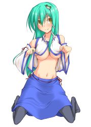 Rule 34 | 1girl, absurdres, black pantyhose, blush, breasts, clothes lift, detached sleeves, female focus, green hair, hellween, highres, kochiya sanae, large breasts, legs, midriff, navel, no bra, pantyhose, shirt lift, skirt, solo, thighs, touhou, transparent background, underboob, yellow eyes