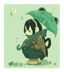Rule 34 | 10s, 1girl, animal, asui tsuyu, bad id, bad pixiv id, black hair, blush, blush stickers, boku no hero academia, boots, border, breasts, brown coat, closed mouth, coat, diamond (shape), earmuffs, frog, full body, green background, green theme, hair rings, heart, highres, holding, holding umbrella, long hair, long skirt, long sleeves, looking at another, low-tied long hair, mittens, pleated skirt, rain, scarf, skirt, small breasts, solo, squatting, umbrella, white border