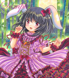 Rule 34 | 1girl, adapted costume, animal ears, bamboo, black hair, bow, carrot pin, cross-laced clothes, dress, edaori, frilled dress, frills, green background, head tilt, inaba tewi, looking at viewer, marker (medium), medium hair, moon, outdoors, pink dress, puffy short sleeves, puffy sleeves, rabbit ears, red bow, red eyes, rui (sugar3), sample watermark, short sleeves, solo, touhou, traditional media, watermark, wrist cuffs