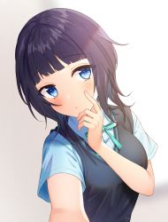 Rule 34 | 1girl, aqua ribbon, artist name, asaka karin, bad id, bad pixiv id, beige background, black hair, black vest, blue eyes, blue shirt, blunt bangs, blush, breasts, collared shirt, commentary request, fingernails, hand on own chin, hands up, head tilt, highres, looking at viewer, love live!, love live! nijigasaki high school idol club, medium breasts, medium hair, neck ribbon, nijigasaki school uniform, outstretched arm, parted lips, reaching, reaching towards viewer, ribbon, saki usagi, school uniform, selfie, shirt, short sleeves, sidelocks, signature, solo, sweater vest, two-tone background, upper body, vest, white background