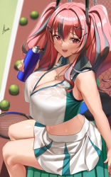 Rule 34 | 1girl, azur lane, ball, bare shoulders, blush, bottle, bralines, breasts, bremerton (azur lane), bremerton (scorching-hot training) (azur lane), cleavage, collarbone, crop top, crop top overhang, grey hair, hair ornament, heart, heart necklace, highres, jewelry, large breasts, long hair, looking at viewer, multicolored hair, necklace, official alternate costume, open mouth, pink eyes, pink hair, piukute062, racket, shirt, sidelocks, sitting, sleeveless, sleeveless shirt, smile, solo, sportswear, streaked hair, sweat, tennis ball, tennis racket, tennis uniform, twintails, two-tone shirt, two-tone skirt, water bottle, x hair ornament