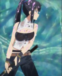 1girl arifureta_shokugyou_de_sekai_saikyou black_hair breasts cleavage cleavage_cutout clothing_cutout fighting_stance from_side gloves highres large_breasts legs long_hair midriff navel pants ponytail red_eyes see-through_clothes serious slime_(substance) solo stitched sword thighs third-party_edit weapon wet wet_clothes yaegashi_shizuku