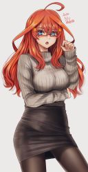 Rule 34 | 1girl, ahoge, black skirt, blue eyes, breasts, brown pantyhose, contrapposto, cowboy shot, dated, glasses, go-toubun no hanayome, grey sweater, hair ornament, hand up, highres, hoshi san 3, large breasts, long sleeves, looking at viewer, miniskirt, nakano itsuki, open mouth, orange hair, pantyhose, pencil skirt, red-framed eyewear, ribbed sweater, simple background, skirt, solo, standing, star (symbol), star hair ornament, sweater, white background