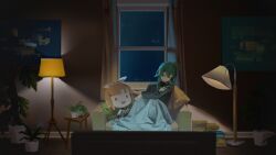 Rule 34 | 1girl, black shirt, blanket, blonde hair, book, book stack, bow, character doll, closed eyes, commentary, couch, cushion, green hair, gumi, hair bow, highres, indoors, kagamine rin, lamp, medium hair, night, plant, potted plant, screen light, shirt, sleeping, solo, table, television, vocaloid, white bow, window, wounds404