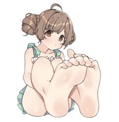 Rule 34 | 1girl, aa211108, ahoge, ass, bare legs, bare shoulders, barefoot, blunt bangs, blush, braid, braided bun, brown eyes, brown hair, closed mouth, collarbone, dot mouth, dot nose, double bun, eyelashes, feet, foot focus, hair bun, hakozaki serika, hugging own legs, idolmaster, idolmaster million live!, idolmaster million live! theater days, looking at viewer, official alternate hairstyle, one-piece swimsuit, parted bangs, polka dot, polka dot swimsuit, sidelocks, simple background, sitting, solo, swimsuit, white background