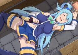 Rule 34 | 1girl, aqua (konosuba), bad source, blue footwear, blue hair, blue shirt, blue skirt, blush, boots, bottle, breasts, covered erect nipples, cup, detached sleeves, drunk, hair rings, haruhisky, holding, holding bottle, holding cup, kono subarashii sekai ni shukufuku wo!, large breasts, long hair, lying, mug, navel, on back, on floor, open mouth, shirt, single hair ring, skirt, sleeping, sleeveless, sleeveless shirt, smile, solo, swept bangs, thigh boots, thighhighs, tongue, white sleeves, white thighhighs