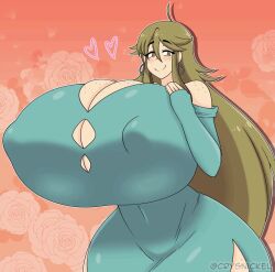 Rule 34 | 1girl, ahoge, animated, animated gif, blue dress, bouncing breasts, breasts, bursting breasts, cleavage, covered erect nipples, crysnickel, curvy, dress, eyelashes, female focus, floral print, freckles, gigantic breasts, half-closed eyes, highres, long hair, looking at viewer, naughty face, noeh (crysnickel), original, rose print, skindentation, smile, solo, standing, thick thighs, thighs, wide hips