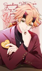 Rule 34 | 1boy, ahoge, blonde hair, buttons, closed mouth, food, genshin impact, green eyes, hair between eyes, heart, highres, jacket, jewelry, light smile, looking at viewer, male focus, mmmgnsn, necklace, simple background, solo, suit jacket, taroumaru (genshin impact), thoma (genshin impact), upper body