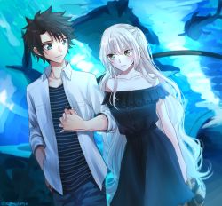 Rule 34 | &gt;:(, 1boy, 1girl, alternate costume, aquarium, bare shoulders, black dress, black hair, blue eyes, blush, casual, closed mouth, collarbone, couple, cowboy shot, dress, dress shirt, fate/grand order, fate (series), frown, fujimaru ritsuka (male), grey eyes, hetero, holding hands, interlocked fingers, jeanne d&#039;arc (fate), jeanne d&#039;arc (ruler) (fate), jeanne d&#039;arc alter (avenger) (fate), jeanne d&#039;arc alter (fate), light smile, long hair, looking at another, off-shoulder dress, off shoulder, omizu (omz), open clothes, open shirt, shirt, short hair, silver hair, sleeves rolled up, spiked hair, striped clothes, striped shirt, twitter username, v-shaped eyebrows, very long hair, wavy hair, white shirt