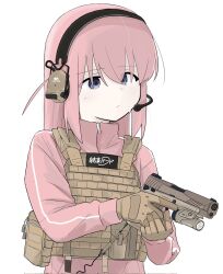 Rule 34 | 1girl, blue eyes, bocchi the rock!, body armor, gloves, gotoh hitori, gruppe, gun, handgun, headset, highres, jacket, kessoku band logo, pink hair, pink track suit, tactical clothes, track suit, weapon