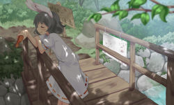 Rule 34 | 1girl, :t, animal ears, bad id, bad pixiv id, blurry, bridge, carrot, chewing, closed eyes, dappled sunlight, depth of field, eating, female focus, inaba tewi, jewelry, necklace, niji sugi, pendant, rabbit ears, shade, sign, solo, sunlight, touhou, tree shade
