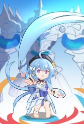Rule 34 | 1girl, :d, absurdres, ahoge, armor, barefoot, beret, blue hair, chibi, dress, full body, griseo, griseo (starry impression), hair ornament, hat, highres, holding, holding brush, honkai (series), honkai impact 3rd, long hair, looking at viewer, open mouth, palette (object), purple eyes, sleeveless, sleeveless dress, smile, solo, toes, twintails, wanzituanzimax, white dress