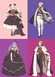 Rule 34 | 2boys, 2girls, ai-wa, arm behind back, black dress, black ribbon, blonde hair, blue background, blush, boots, breasts, brother and sister, brothers, camilla (fire emblem), cape, cleavage, closed mouth, dress, drill hair, elbow gloves, elise (fire emblem), european clothes, feather hair ornament, fire emblem, fire emblem fates, fire emblem heroes, flower, formal, gloves, hair between eyes, hair ornament, hair over one eye, hair ribbon, hairband, hand fan, hand on back, highres, jewelry, large breasts, leo (fire emblem), long hair, looking at viewer, multicolored background, multiple boys, multiple girls, nintendo, one eye closed, one eye covered, open mouth, pink background, pink ribbon, purple background, purple eyes, purple flower, purple hair, purple rose, ribbon, rose, sheath, sheathed, siblings, sisters, smile, sword, twin drills, twintails, weapon, xander (fire emblem)