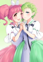 Rule 34 | 2girls, asymmetrical docking, blue eyes, breast press, breasts, brown eyes, flat chest, green hair, holding hands, hand on another&#039;s hip, highres, macross, macross delta, makina nakajima, medium breasts, medium hair, multiple girls, one eye closed, open mouth, pink hair, pointy ears, reina prowler, short hair, twintails, yumemo, yuri