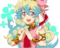 Rule 34 | + +, 1girl, :d, bad id, bad pixiv id, blonde hair, blue hair, cross-shaped pupils, curly hair, dress, female focus, fingers together, koma saburou, looking at viewer, multicolored hair, nia teppelin, open mouth, pink dress, smile, solo, symbol-shaped pupils, tengen toppa gurren lagann, upper body, white background