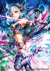 Rule 34 | 1girl, armor, beam saber, bikini armor, blue hair, breasts, choker, cleavage, dual wielding, gloves, grey gloves, hair between eyes, highres, holding, holding sword, holding weapon, leg up, magic circle, medium breasts, midriff, navel, open mouth, original, pink eyes, rioka (southern blue sky), short hair, solo, standing, standing on one leg, stomach, strapless, sword, thigh strap, weapon