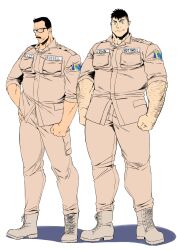 Rule 34 | 2boys, arm hair, bara, blue eyes, boots, brown jacket, brown pants, dickfish (fishismdick), facial hair, full body, glasses, highres, jacket, large pectorals, male focus, mature male, military, military uniform, multiple boys, muscular, muscular male, mustache, original, pants, pectorals, rottweil (dickfish), russell (dickfish), short hair, sideburns, sleeves rolled up, textless version, thick thighs, thighs, uniform