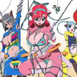 Rule 34 | 3girls, animal ears, barasoto momo, bdsm, between breasts, black hair, blue hair, bondage, bound, breasts, cave (developer), chain, cleavage, gradient background, green eyes, katakuchi ikuo, large breasts, looking at viewer, midriff, muchi muchi pork, multiple girls, navel, non-web source, open mouth, pig ears, pig girl, red hair, short hair, simple background, small breasts, souki rafute, thighhighs, twintails, wince