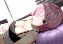 Rule 34 | 1girl, alternate costume, anna purna, backlighting, bare shoulders, blanket, blurry, blush, breasts, camisole, cleavage, collarbone, commentary request, day, depth of field, dutch angle, fate/grand order, fate (series), hair over one eye, hand on own stomach, indoors, looking at viewer, looking to the side, lying, mash kyrielight, medium breasts, nail polish, on back, on bed, parted lips, pillow, pink nails, pov across bed, short hair, sleeveless, solo, sunlight, tareme, under covers, upper body
