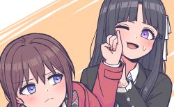 Rule 34 | 2girls, absurdres, awa subaru, black hair, blue eyes, blush, brown hair, closed mouth, collared shirt, commentary request, girls band cry, hand on another&#039;s cheek, hand on another&#039;s face, highres, iseri nina, jacket, jin (jinkwon1147), korean commentary, long sleeves, looking at another, multiple girls, one eye closed, open mouth, pinky out, purple eyes, red jacket, shirt, sweat, upper body, v-shaped eyebrows, white background, white shirt, yellow background