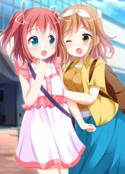 Rule 34 | 10s, 2girls, :d, ;d, arm hug, backpack, bad id, bad twitter id, bag, belt, blue eyes, blue skirt, blurry, blurry background, blush, brown eyes, brown hair, clenched hands, commentary request, dress, frills, hair ribbon, kunikida hanamaru, kurosawa ruby, looking at another, love live!, love live! sunshine!!, multiple girls, one eye closed, open mouth, pink dress, pink ribbon, rabipan, red hair, ribbon, short sleeves, shoulder bag, skirt, smile, two side up