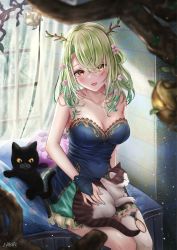 Rule 34 | bare arms, bare shoulders, bed, blush, braid, braided bangs, breasts, cat, ceres fauna, cleavage, clover (ceres fauna), collarbone, curtains, frilled skirt, frills, green hair, highres, hololive, hololive english, indoors, large breasts, looking at viewer, medium hair, mole, mole under eye, nori chazuke, on bed, open mouth, single braid, sitting, skirt, smile, snail (ceres fauna), virtual youtuber, window, yellow eyes