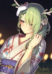 Rule 34 | 1girl, antlers, blush, braid, braided bangs, branch, breasts, ceres fauna, colored tips, erezu, flower, fox mask, green hair, hair flower, hair ornament, hand in own hair, hololive, hololive english, horns, japanese clothes, jewelry, kimono, long hair, mask, mask on head, medium breasts, mole, mole under eye, multicolored hair, official alternate costume, red kimono, single braid, smile, solo, streaked hair, virtual youtuber, white kimono, yellow eyes, yukata