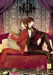 Rule 34 | 2boys, bad id, bad pixiv id, brown eyes, brown hair, chandelier, cross, cross necklace, curtains, dog, facial hair, fate/zero, fate (series), formal, goatee, jewelry, kainesato, kotomine kirei, male focus, multiple boys, necklace, ribbon, suit, tohsaka tokiomi