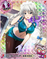 Rule 34 | 1girl, alternate costume, blue bow, bow, braid, breasts, card (medium), chess piece, cleavage, female focus, gloves, grayfia lucifuge, grey eyes, grey hair, hair bow, high school dxd, large breasts, long hair, maid headdress, matching hair/eyes, mature female, midriff, navel, official art, parted lips, queen (chess), red lips, smile, solo, twin braids, white gloves