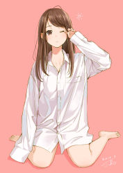 Rule 34 | 1girl, absurdres, barefoot, bottomless, brown eyes, brown hair, dated, dress shirt, highres, looking at viewer, messy hair, naked shirt, one eye closed, original, oversized clothes, pink background, rubbing eyes, sako (35s 00), shirt, signature, simple background, sitting, sleepy, sleeves past fingers, sleeves past wrists, solo, wariza, white shirt