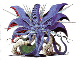 Rule 34 | artist name, breasts, carapace, demon, demon tail, demon wings, extra arms, extra breasts, fangs, highres, kazuma kaneko, monster, multi limb, multiple tails, multiple wings, no humans, official art, retro artstyle, satan (megami tensei), satan (mythology), scales, shin megami tensei, shin megami tensei ii, simple background, solo, tail, third eye, wings, yellow eyes