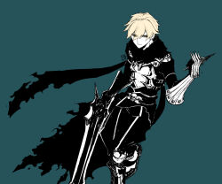Rule 34 | 1boy, armor, assassin cross (ragnarok online), blonde hair, blue background, cape, commentary request, dagger, eyes visible through hair, feet out of frame, hair between eyes, highres, holding, holding dagger, holding knife, holding weapon, jamadhar, knife, kusabi (aighe), limited palette, long bangs, looking at viewer, male focus, open clothes, open shirt, pants, parted lips, pauldrons, ragnarok online, scarf, short hair, shoulder armor, simple background, skull, solo, torn cape, torn clothes, torn scarf, vambraces, waist cape, weapon, yellow eyes