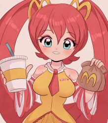 Rule 34 | 1990s (style), 1girl, absurdres, bag, blue eyes, blush, breasts, chellyko, cup, detached sleeves, drinking straw, eyeshadow, grin, hair ornament, hatsune miku, highres, holding, large breasts, long hair, long sleeves, looking at viewer, makeup, mcdonald&#039;s, name tag, necktie, red hair, red necktie, retro artstyle, shirt, skirt, sleeveless, sleeveless shirt, smile, standing, teeth, twintails, vocaloid, yellow shirt, yellow skirt