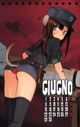 Rule 34 | 1girl, animal ears, ass, blush, brown hair, dirty, federica n. doglio, green eyes, hat, italian text, panties, red panties, shimada fumikane, sleeves rolled up, solo, strike witches, striker unit, tail, thighhighs, tools, underwear, world witches series