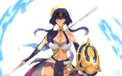 Rule 34 | 1girl, ankh, artist name, blue hair, blurry, blurry background, breasts, candace (genshin impact), circlet, cleavage, closed mouth, commentary, dark-skinned female, dark skin, dot nose, egiiiii1234, egyptian clothes, expressionless, facing viewer, genshin impact, gold trim, heterochromia, highres, holding, holding polearm, holding weapon, jewelry, large breasts, light frown, looking at viewer, low twintails, millennium eye, navel, neck ring, polearm, purple eyes, purple hair, revealing clothes, shield, simple background, single bare shoulder, solo, sparkle, symbol-only commentary, twintails, weapon, white background, yellow eyes