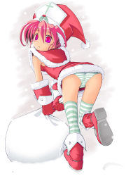 Rule 34 | 1girl, bent over, blue panties, blue thighhighs, christmas, kazuboh, panties, pink eyes, pink hair, santa costume, solo, striped clothes, striped panties, striped thighhighs, thighhighs, underwear