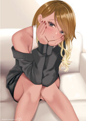 Rule 34 | 1girl, black shirt, blush, brown hair, collarbone, couch, dark-skinned female, dark skin, feet out of frame, fingernails, gradient hair, hamcheeseand, hands on own cheeks, hands on own face, head rest, highres, idolmaster, idolmaster shiny colors, izumi mei, knees together feet apart, light brown hair, long hair, long sleeves, looking at viewer, multicolored hair, nail polish, off-shoulder shirt, off shoulder, on couch, shirt, sitting, solo