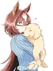 Rule 34 | 1girl, animal, animal ears, blue shirt, brown hair, closed eyes, commentary, dog, ear ornament, english commentary, from side, hair between eyes, heart, highres, holding, holding animal, holding dog, horse ears, horse girl, kiss, kissing animal, long hair, multicolored hair, official alternate costume, panipuri, shirt, simple background, sirius symboli (umamusume), solo, streaked hair, striped clothes, striped shirt, umamusume, upper body, very long hair, white background, white hair
