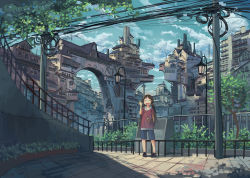 Rule 34 | 1girl, ^ ^, arm behind back, bag, blush, brown hair, building, city, cityscape, closed eyes, cloud, day, closed eyes, hair ribbon, hand up, long hair, open mouth, original, outdoors, pigeon-toed, power lines, railing, ribbon, scenery, shade, shorts, shoulder bag, sky, smile, smokestack, solo, standing, tree, twintails, utility pole, waving, wu ba pin