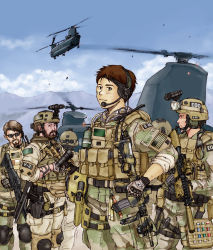 Rule 34 | absurdres, afghanistan, aircraft, assault rifle, boeing, boeing defense, space &amp; security, brown hair, ch-47 chinook, facial hair, glasses, gloves, goggles, gun, handgun, headset, unworn headwear, helicopter, helmet, unworn helmet, highres, holster, humi (jun-shu), load bearing vest, military, military uniform, pistol, rifle, scope, soldier, sunglasses, suppressor, uniform, united states, weapon