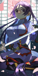 Rule 34 | 1girl, architecture, breasts, cherry blossoms, east asian architecture, fate/grand order, fate (series), fingerless gloves, gauntlets, gloves, highres, japanese clothes, katana, kneeling, large breasts, loincloth, long hair, looking at viewer, medium breasts, minamoto no raikou (fate), ookawa (shiwahiwa), parted bangs, purple eyes, purple hair, shadow, sword, very long hair, weapon