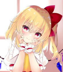 Rule 34 | 1girl, arms up, ascot, blonde hair, blurry, blurry background, blush, commentary request, day, flandre scarlet, hair between eyes, hair ribbon, hands on own cheeks, hands on own face, head in hand, head rest, head tilt, indoors, looking at viewer, no headwear, one side up, puffy short sleeves, puffy sleeves, red eyes, red vest, ribbon, shirt, short hair, short sleeves, smile, solo, tosakaoil, touhou, vest, white shirt, window, wings, wrist cuffs, yellow ascot