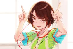 Rule 34 | 1girl, breasts, brown hair, earbuds, earphones, highres, hololive, horns pose, jersey, jewelry, necklace, nojikorirakkusu, oozora subaru, oozora subaru (1st costume), open mouth, pink eyes, pointing, pointing up, shirt, small breasts, smile, solo, striped clothes, striped shirt, vertical-striped clothes, vertical-striped shirt, virtual youtuber, window