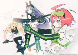 Rule 34 | 3girls, ahoge, assault rifle, bandaid, bikini, bikini top only, blonde hair, blue hair, clover, colt 9mm smg, drill hair, ekimae, frag, gas mask, gun, head-mounted display, holding, holding weapon, long hair, luluco, m16, mask, multiple girls, muzzle (trigger), night-vision device, official art, red hair, rifle, safety glasses, short shorts, shorts, skeleton print, spring (trigger), swimsuit, tears, thighhighs, torn clothes, torn legwear, trigger-chan, trigger (company), twin drills, uchuu patrol luluco, unzipped, weapon